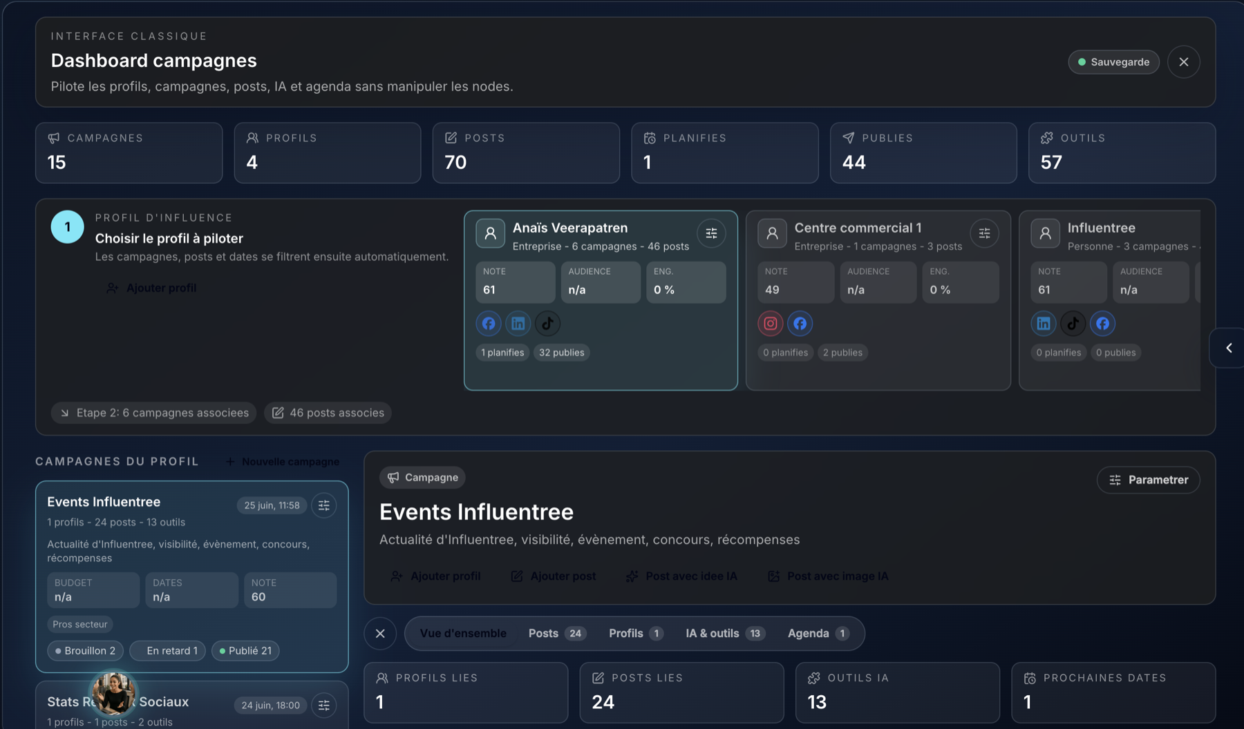 Real Influentree Next campaign dashboard with profiles, campaigns and posts