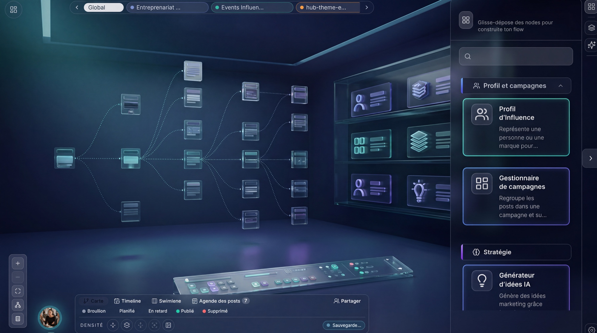 Immersive view of the node library and intelligent influence engine